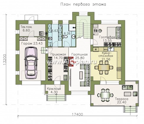 «Светлая полоса» - проект двухэтажного дома, современный стиль, с террасой и с гаражом - превью план дома