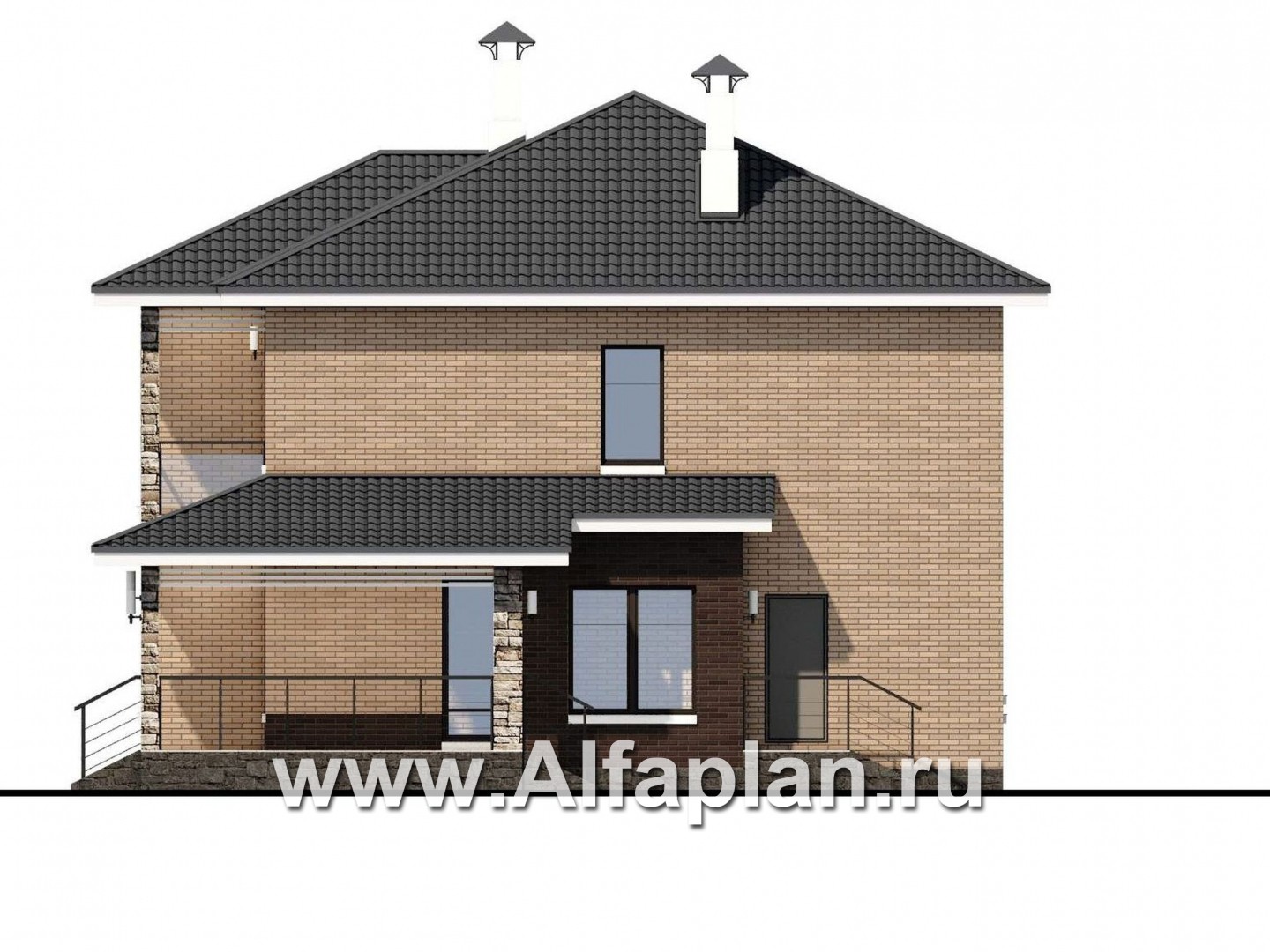 Проекты домов Альфаплан - «Роман с камнем» — двухэтажный коттедж с двусветной гостиной - изображение фасада №2