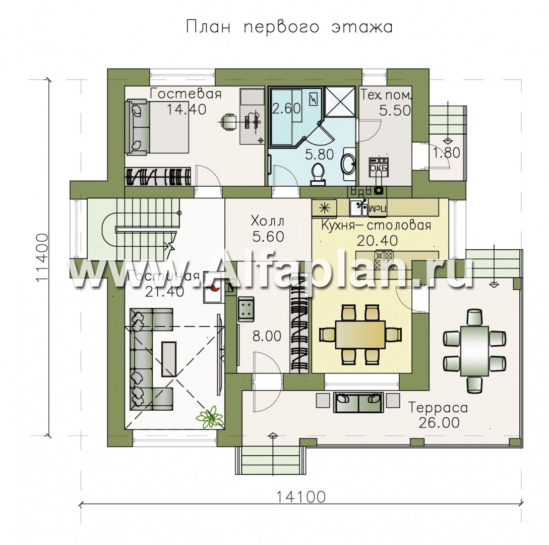 Проекты домов Альфаплан - «Роман с камнем» — двухэтажный коттедж с двусветной гостиной - изображение плана проекта №1