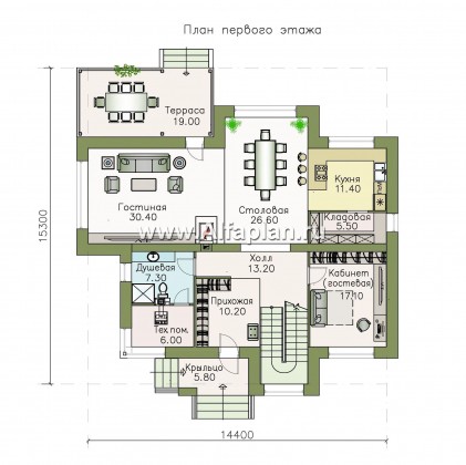 «Киприда» — проект двухэтажного дома в современном стиле, мастер спальня, с террасой - превью план дома