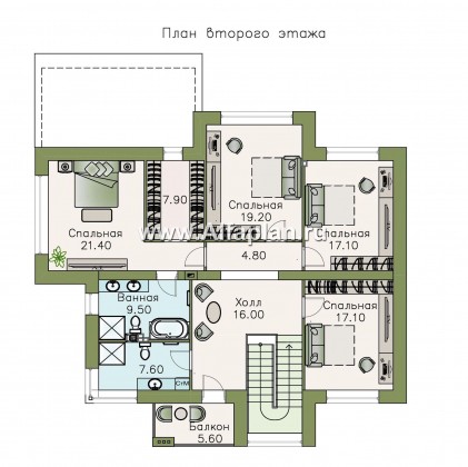 «Киприда» — проект двухэтажного дома в современном стиле, мастер спальня, с террасой - превью план дома