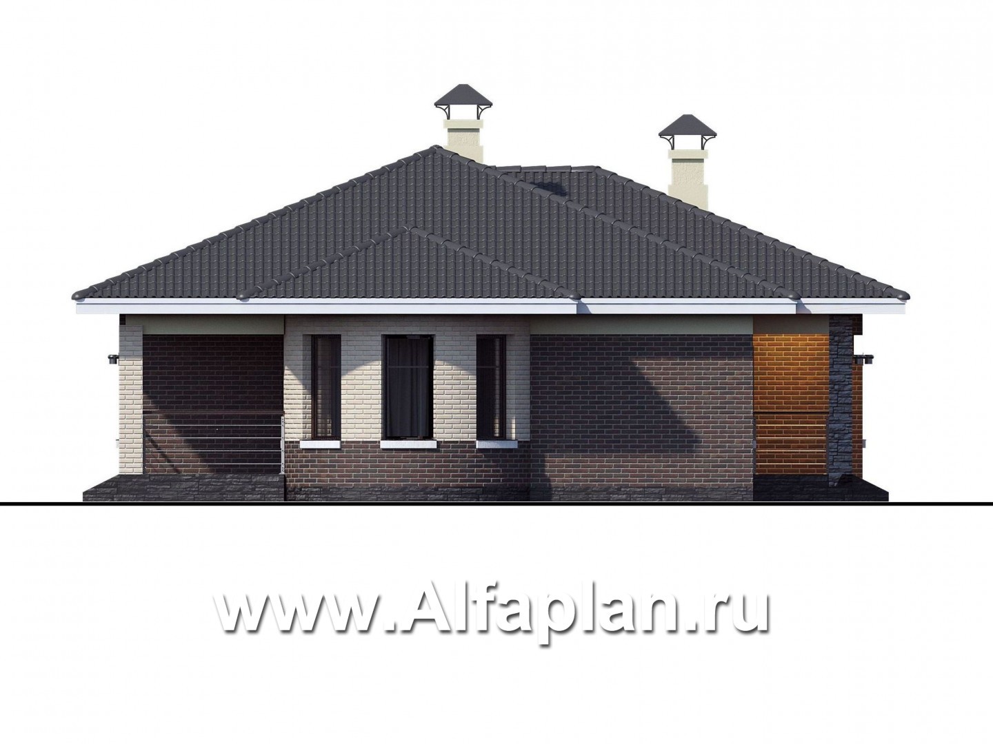 Проекты домов Альфаплан - «Вуокса» - одноэтажный дом с просторной гостиной-столовой - изображение фасада №3