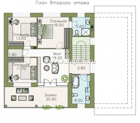«Сезанн» - современный проект двухэтажного дома с террасой и с балконом, пристройка с сауной или квартирой,  с односкатной кровлей - превью план дома