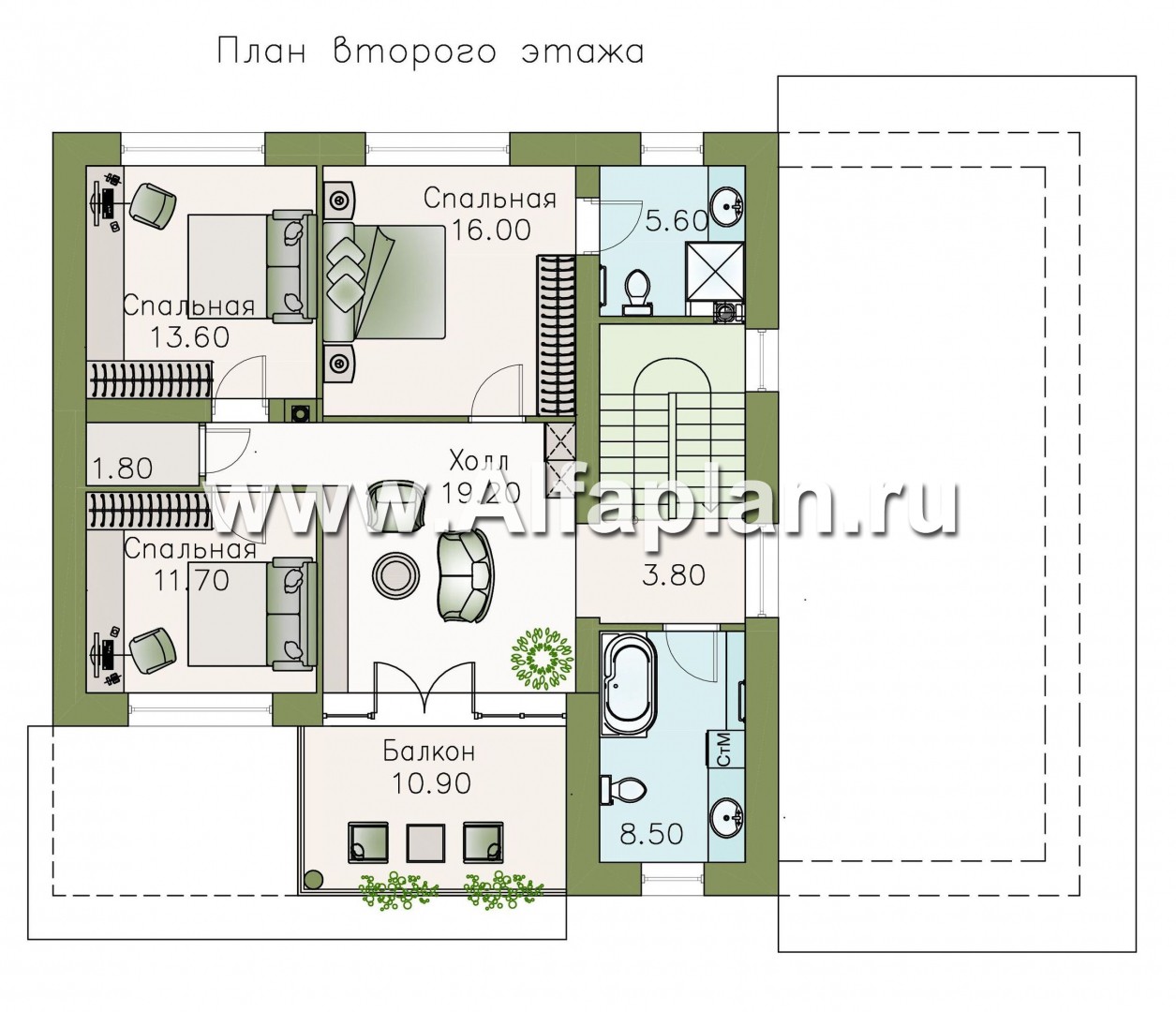 Проекты домов Альфаплан - «Пикассо» - изящный дом с террасой и балконом - изображение плана проекта №2