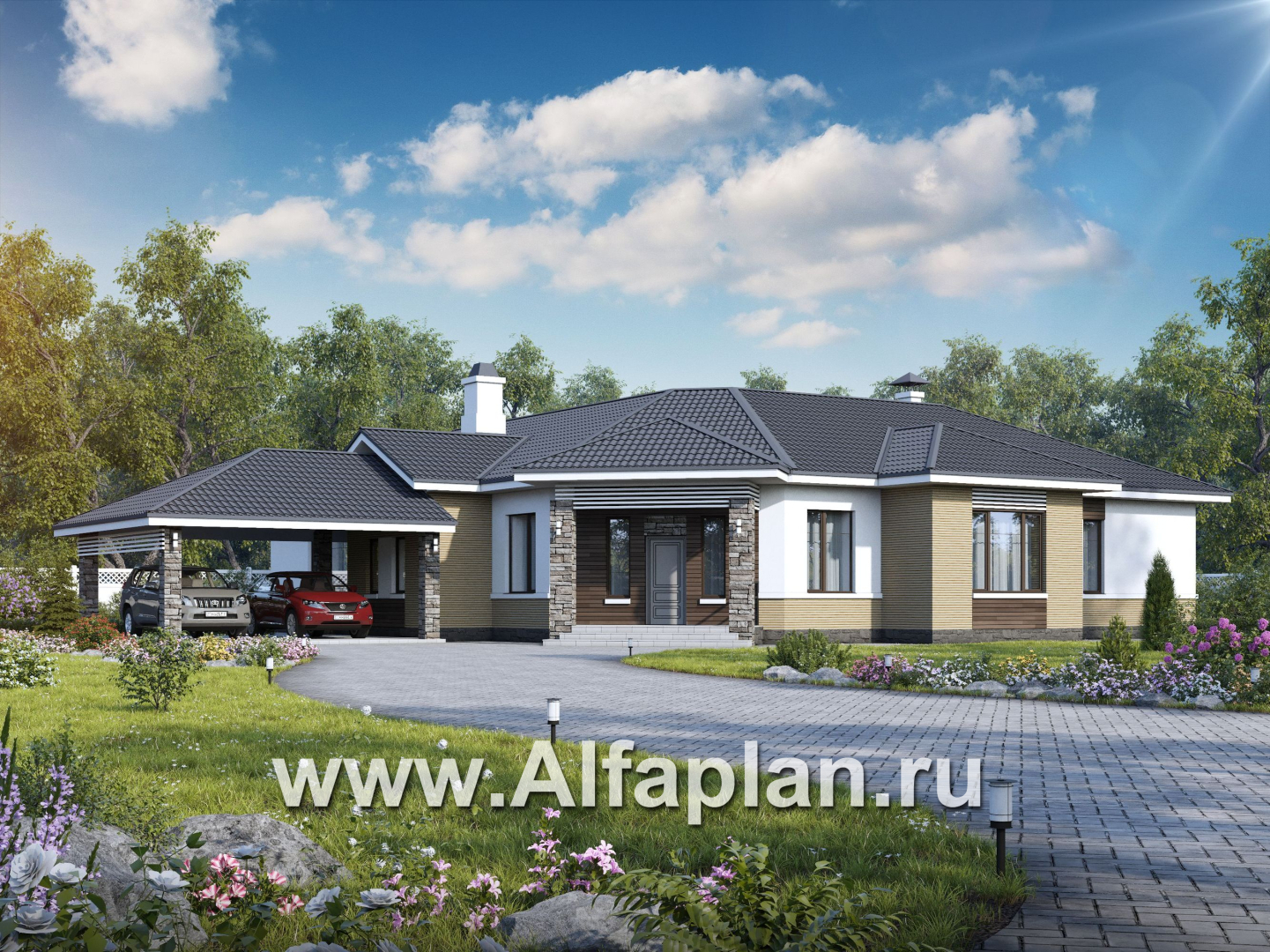 Проекты домов Альфаплан - «Модуль» — проект одноэтажного дома, со спортзалом и сауной, с бассейном и гостевой квартирой - основное изображение