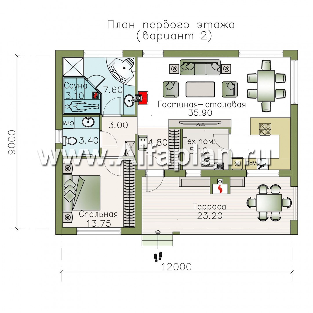 Проекты домов Альфаплан - «Бета» - стильный каркасный коттедж с террасой - план проекта №2