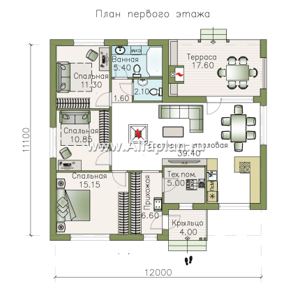 Проекты домов Альфаплан - «Дзета» - одноэтажный каркасный дом с просторной гостиной-столовой - превью плана проекта №1