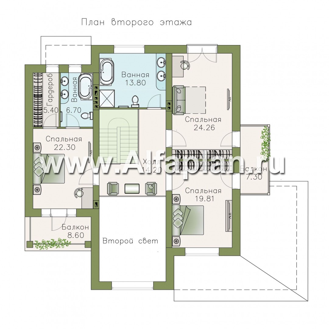 «Голицын» — проект двухэтажного дома из газобетона, с двусветной гостиной, с сауной и с террасой - план дома