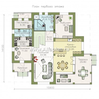 «Голицын» — проект двухэтажного дома из газобетона, с двусветной гостиной, с сауной и с террасой - превью план дома