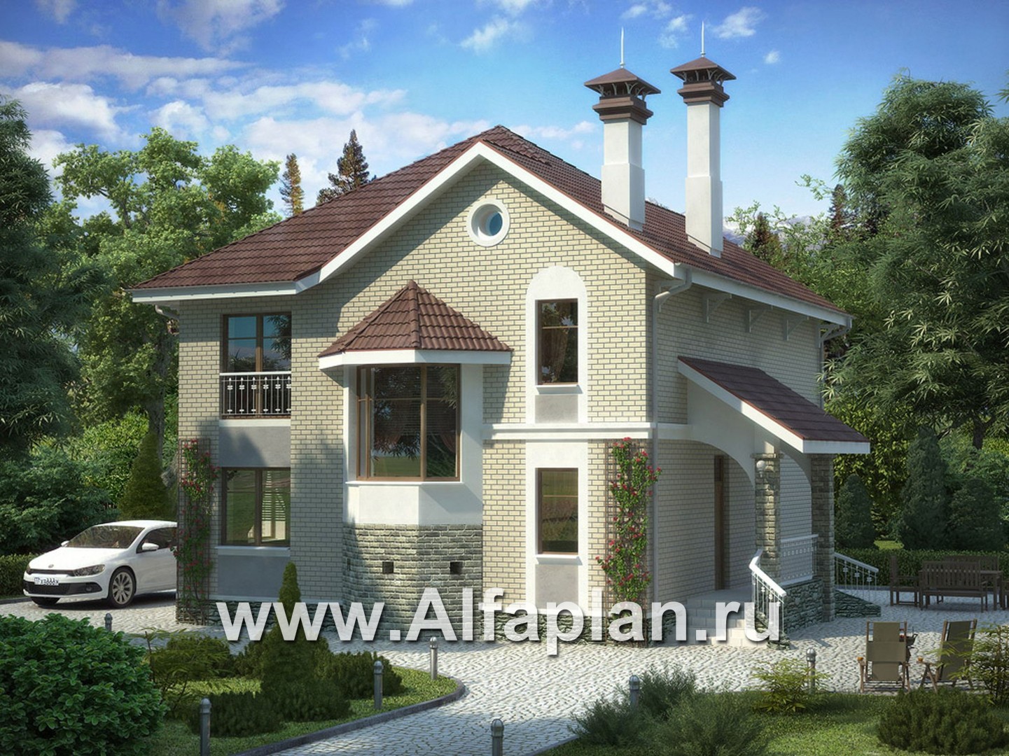Проекты домов Альфаплан - «Лавиери Плюс»- проект дома с изящным крыльцом и эркером - основное изображение