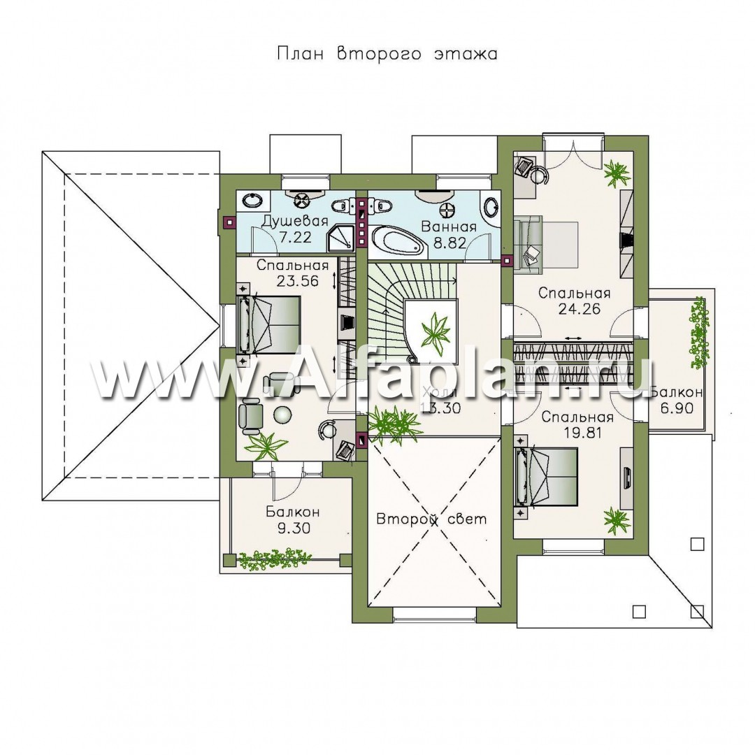 «Голицын» - проект двухэтажного дома, с двусветной гостиной и с террасой, в стиле модерн, с гаражом - план дома