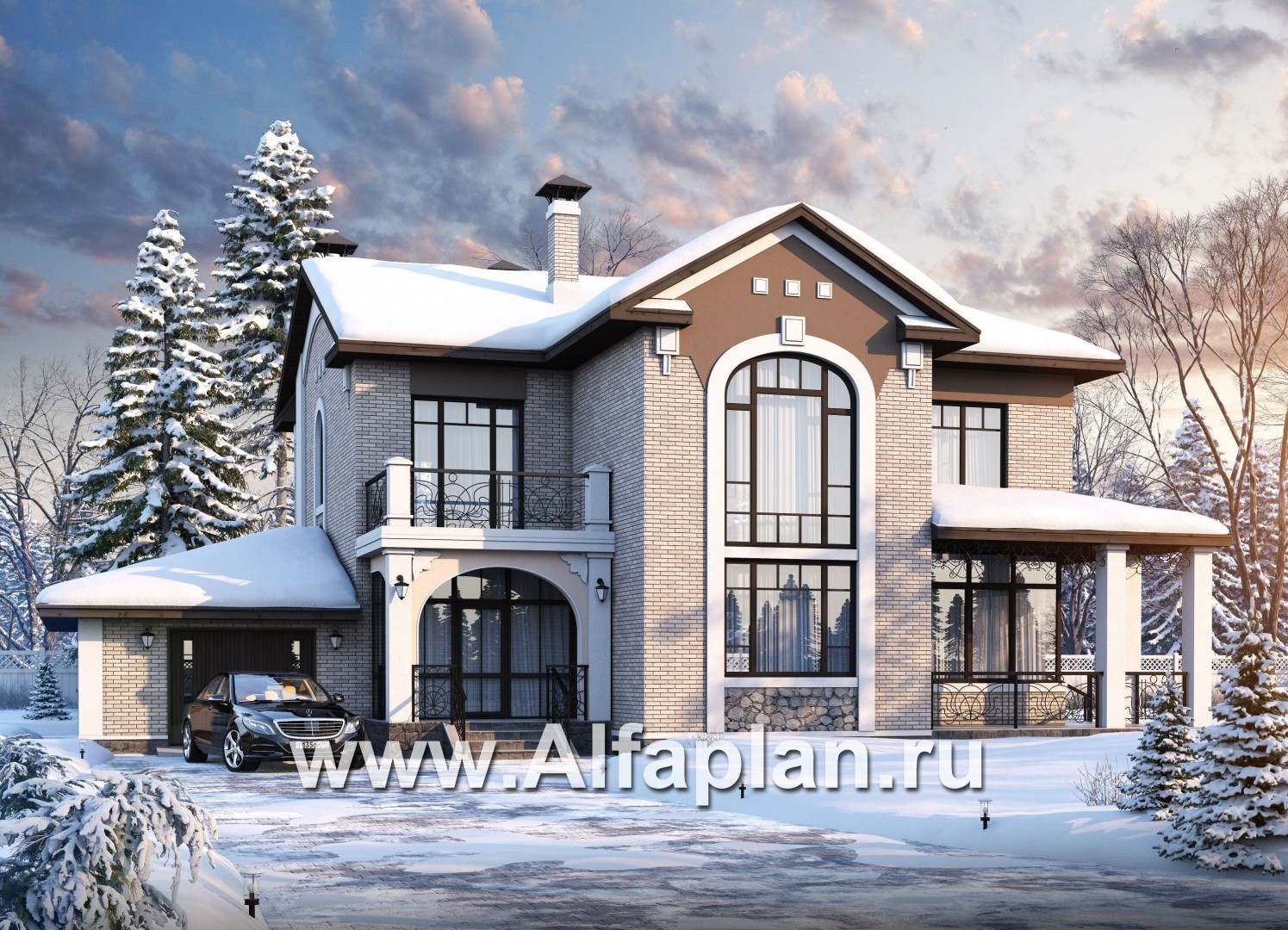 «Голицын» - проект двухэтажного дома, с двусветной гостиной и с террасой, в стиле модерн, с гаражом - дизайн дома №1