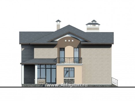 «Голицын» - проект двухэтажного дома, с двусветной гостиной и с террасой, в стиле модерн, с гаражом - превью фасада дома