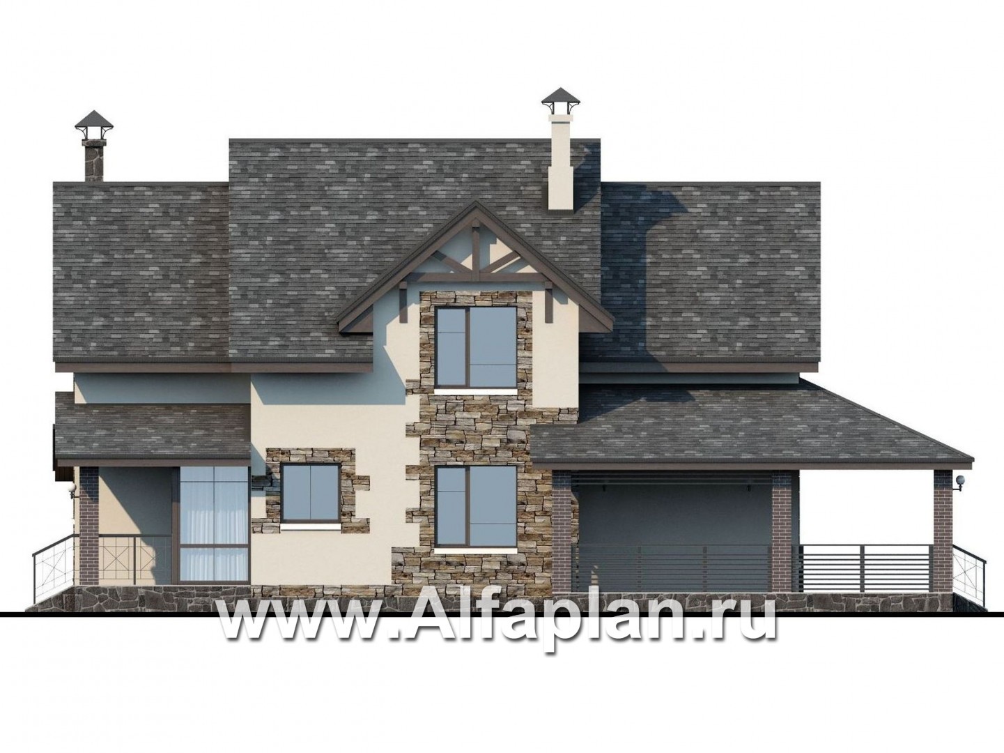 Проекты домов Альфаплан - «Роза ветров» - коттедж для узкого участка с летней куxней - изображение фасада №2
