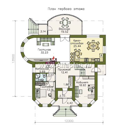 «Амбиент»- проект двухэтажного дома с эркером и с террасой, открытая планировка, в стиле замка - превью план дома