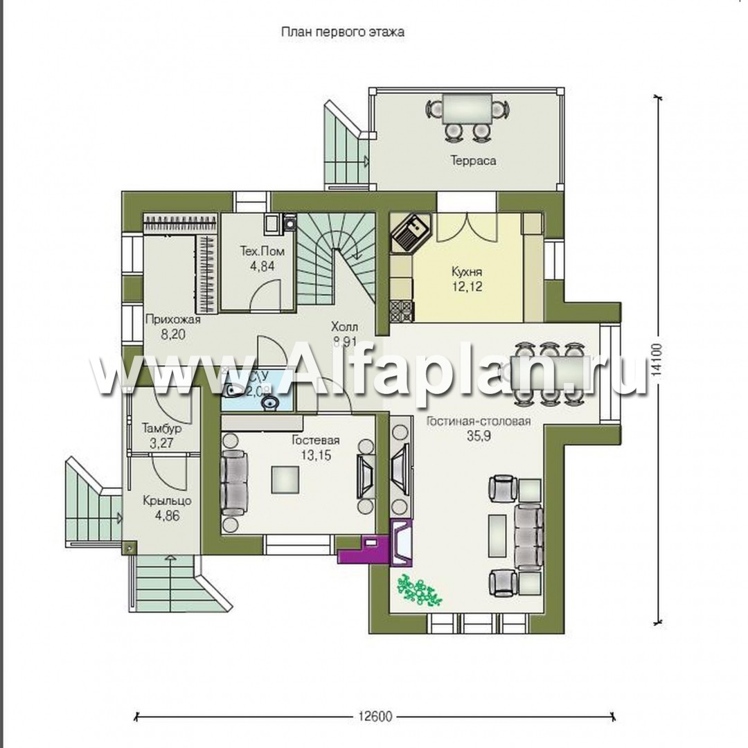 Проекты домов Альфаплан - «Зонненхаус» - коттедж  с солнечной гостиной - изображение плана проекта №1