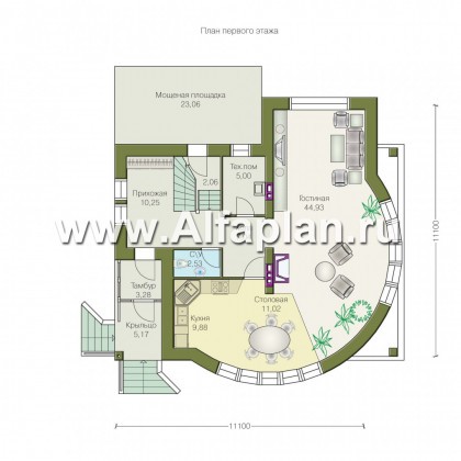 Проекты домов Альфаплан - «Свой остров» - коттедж с полукруглой гостиной и мансардными окнами - превью плана проекта №1