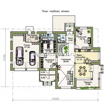 Проекты домов Альфаплан - «Голицын»- коттедж с двусветной гостиной и гаражом на два автомобиля - превью плана проекта №1