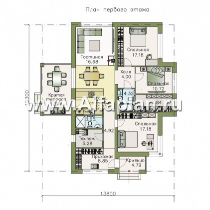Проекты домов Альфаплан - «Грация» - современный компактный одноэтажный коттедж с террасой - превью плана проекта №1