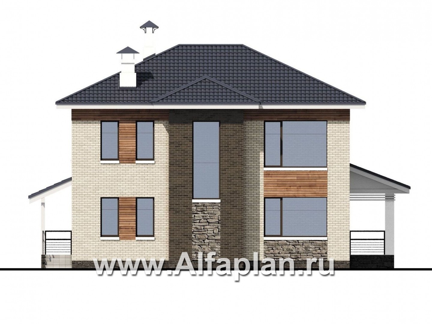 Проекты домов Альфаплан - «Светлая полоса» - современный двухэтажный коттедж с верандой - изображение фасада №4