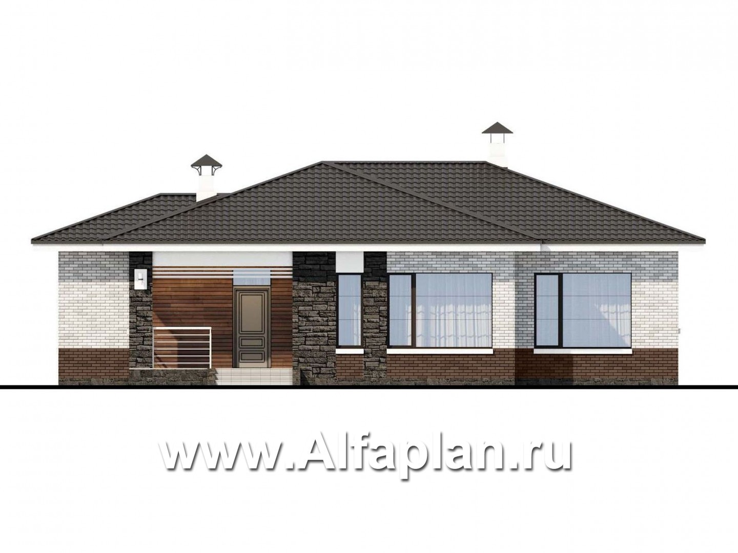 Проекты домов Альфаплан - «Наяда» - современный одноэтажный коттедж с террасой - изображение фасада №1