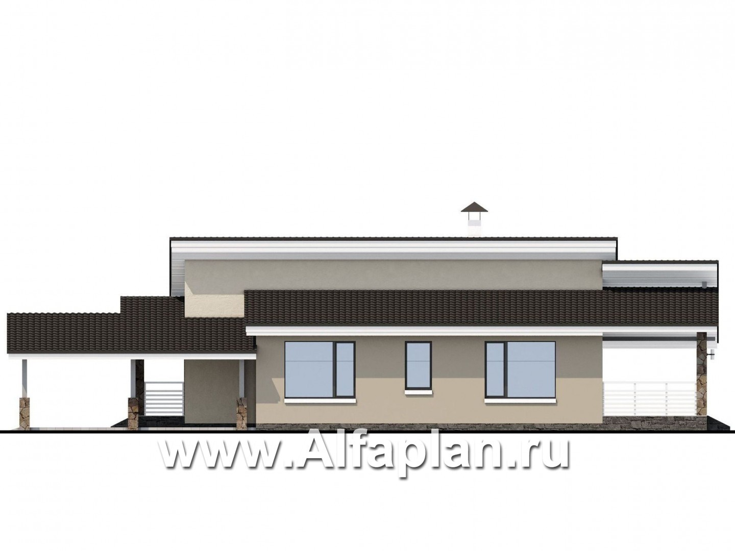 Проекты домов Альфаплан - «Дриада» - одноэтажный дом с гаражом-навесом - изображение фасада №2