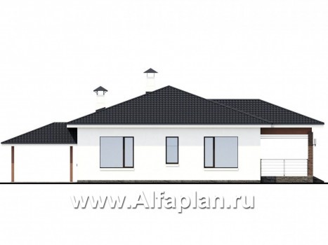 Проекты домов Альфаплан - «Гемера» - стильный одноэтажный дом с эркером и гаражом-навесом - превью фасада №4