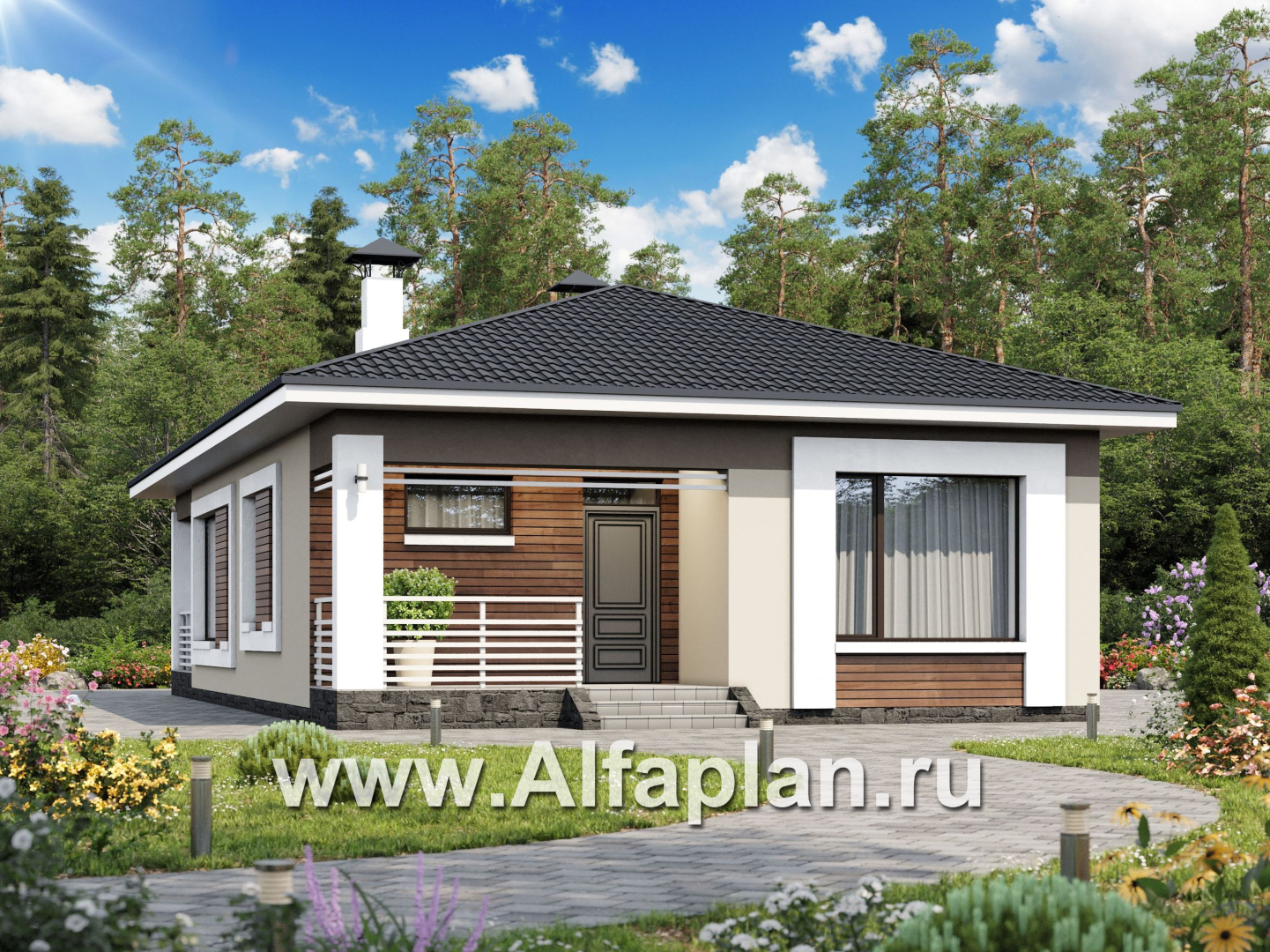 Проекты домов Альфаплан - «Каллиопа» - проект одноэтажного дома из кирпича для узкого участка с двумя спальнями - основное изображение
