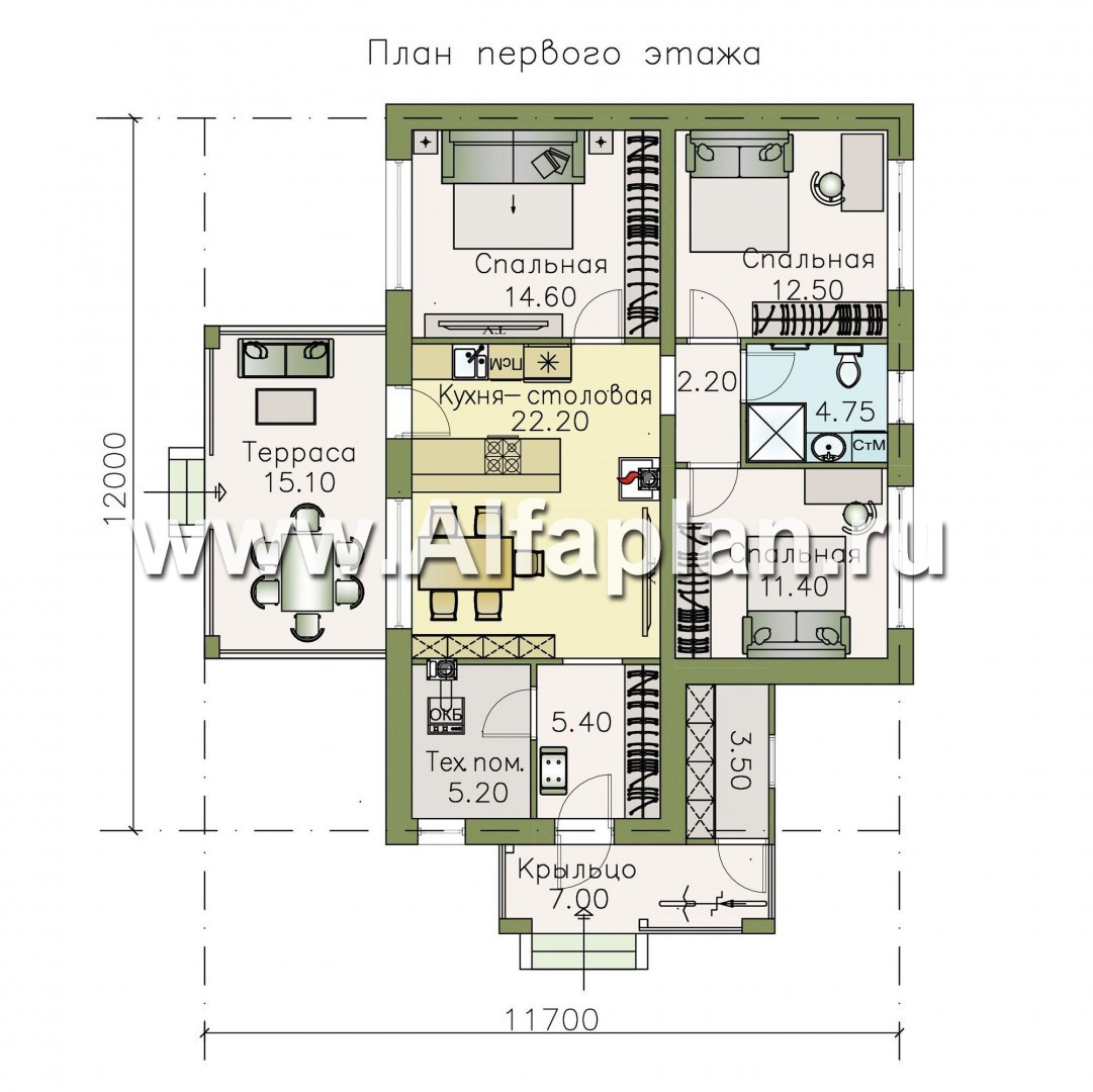 Проекты домов Альфаплан - «Мелета» - компактный и уютный одноэтажный дом с тремя спальнями - план проекта №1