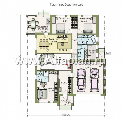 Проекты домов Альфаплан - «Днестр» - одноэтажный коттедж с большим гаражом и террасой - превью плана проекта №1