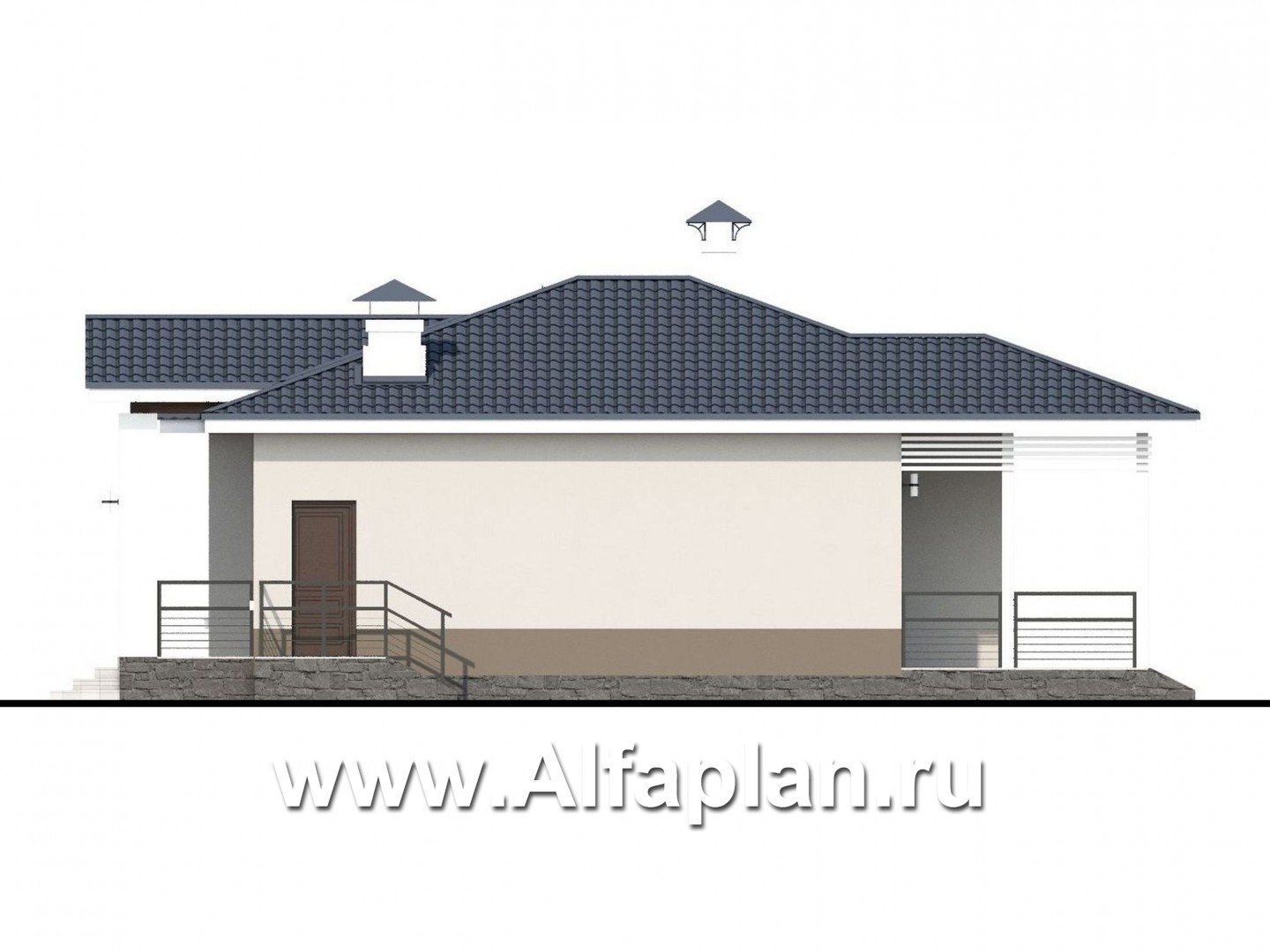 «Бирюса» - проект одноэтажного коттеджа, с террасой, планировка 2 спальни, для небольшой семьи - фасад дома