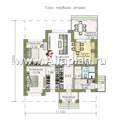 «Бирюса» - проект одноэтажного коттеджа, с террасой, планировка 2 спальни, для небольшой семьи - превью план дома