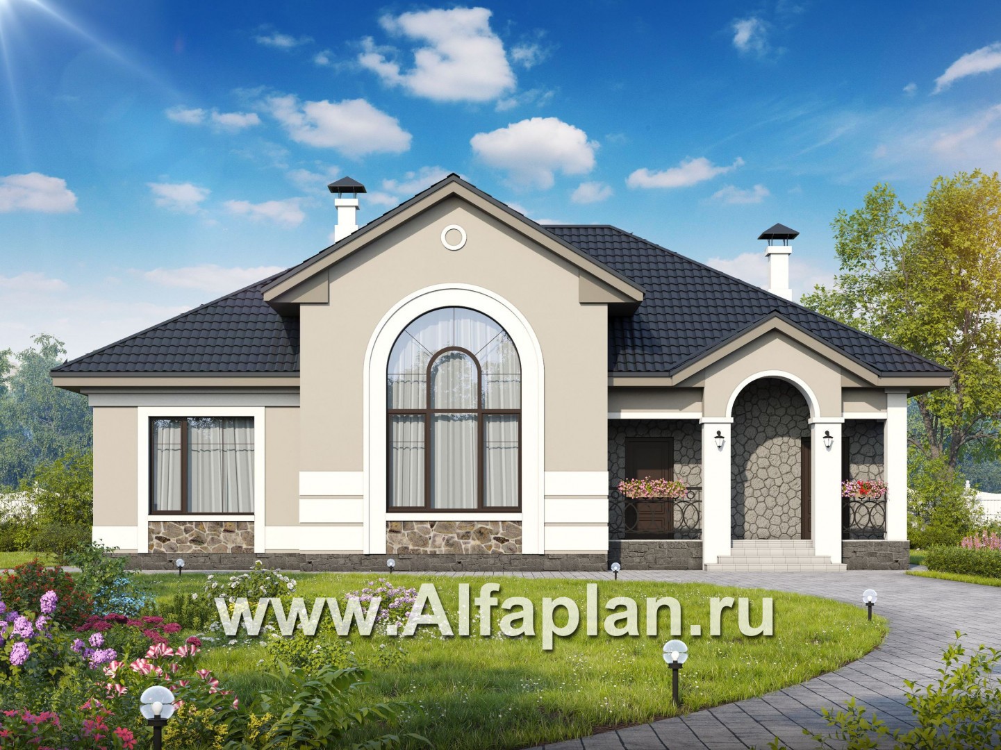 Проекты домов Альфаплан - «Волга» - коттедж с тремя жилыми комнатами на 1 этаже и с жилой мансардой - основное изображение