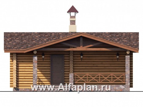 Проект бани, из дерева, из бревен, с террасой - превью фасада дома