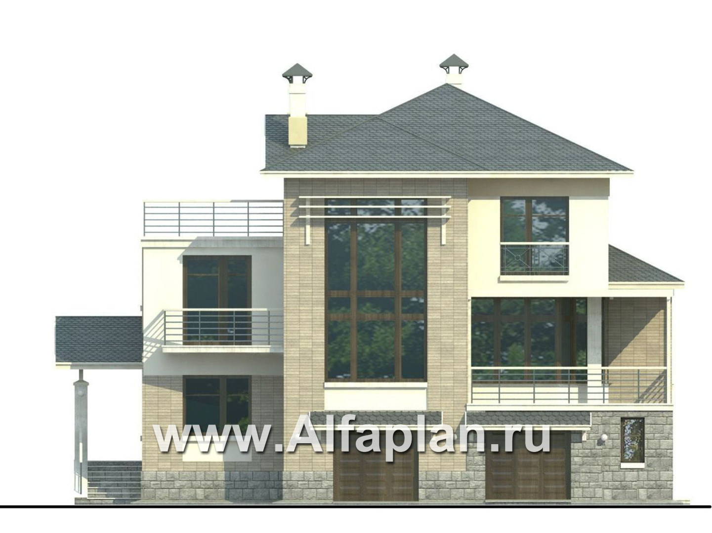 Проекты домов Альфаплан - «Три  семерки» - проект трехэтажного дома, гараж в цоколе, второй свет и панорамные окна, современный дизайн дома - изображение фасада №1
