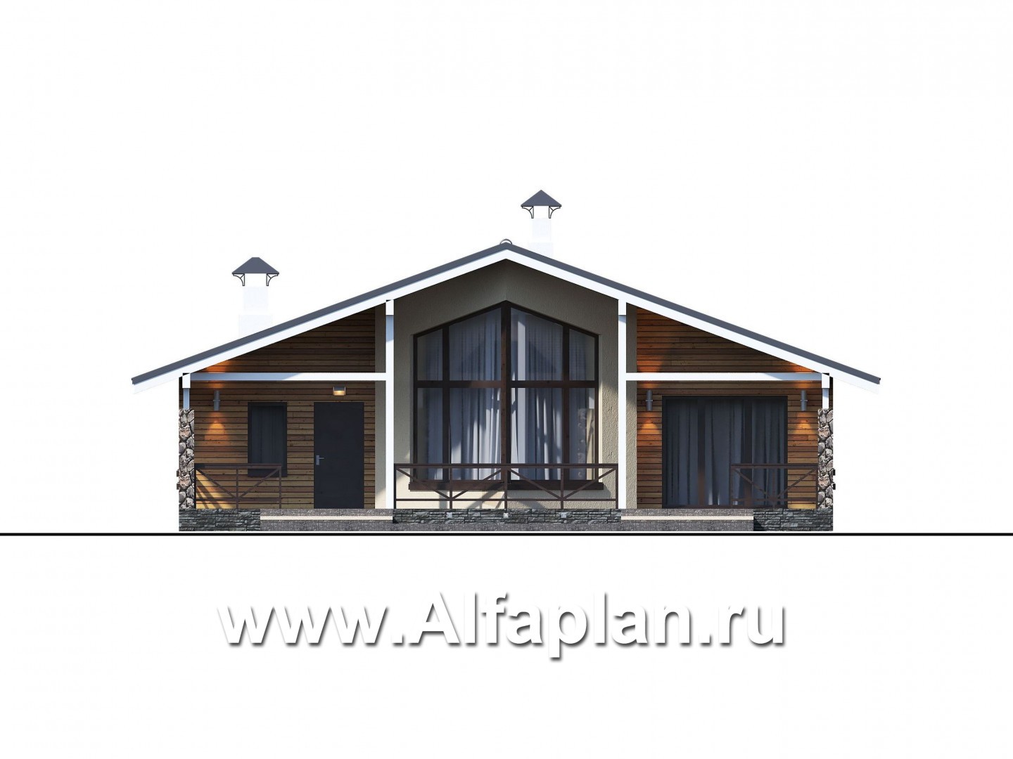 Проекты домов Альфаплан - «Вектор Плюс» - одноэтажный дом с тремя спальнями, террасой и сауной - изображение фасада №1