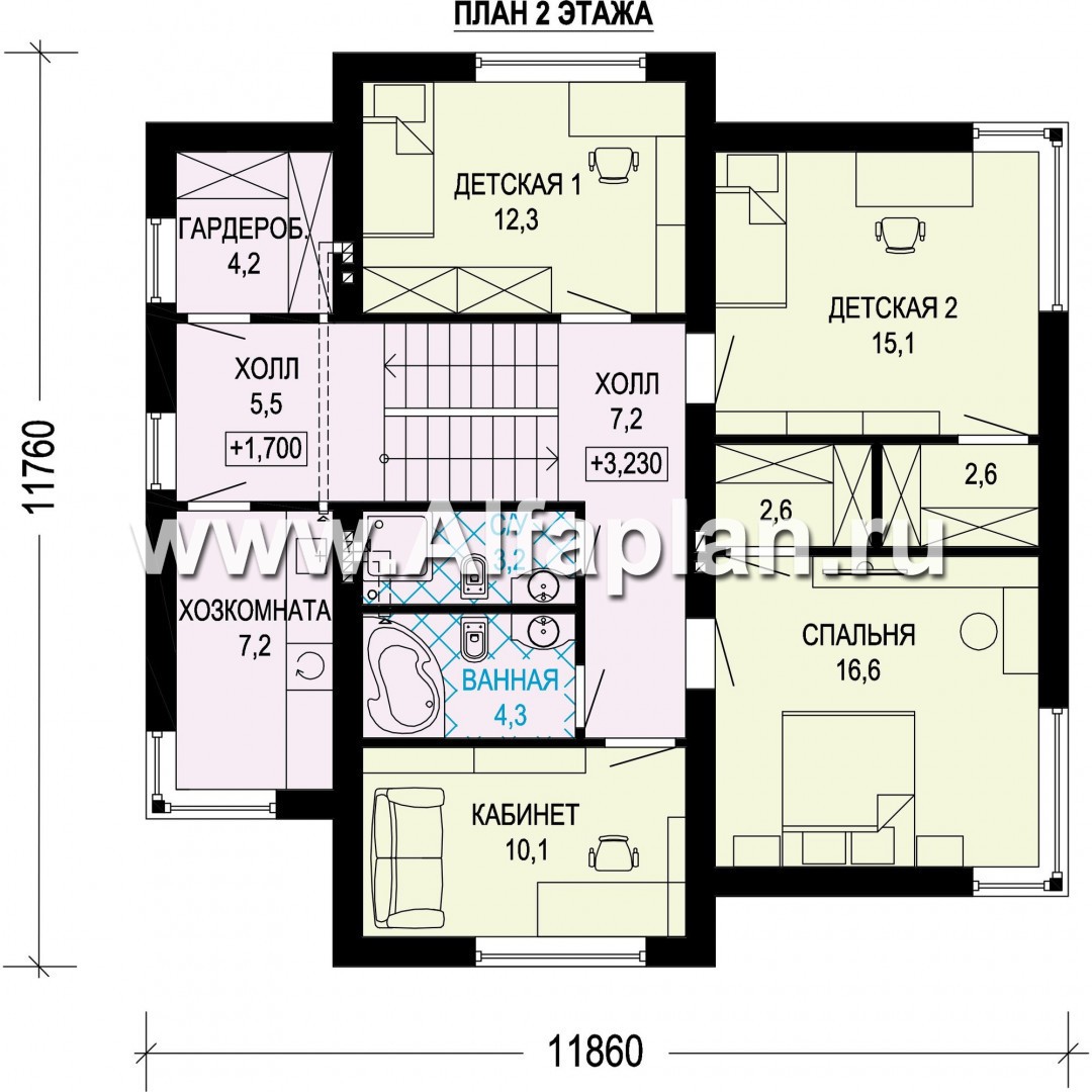 Проект двухэтажного дома, планировка с лестницей в центре, в современном стиле - план дома