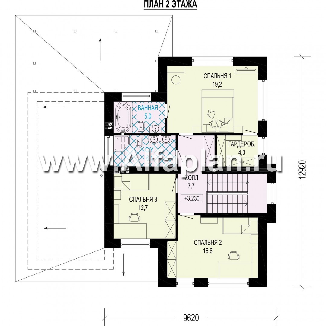 Проект двухэтажного дома из газобетона или кирпича, с террасой и гостевой квартирой - план дома