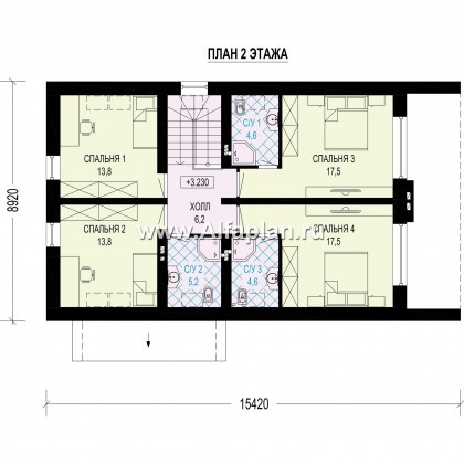 Проект дома с мансардой, планировка с террасой, 5 спален, в стиле барнхаус - превью план дома