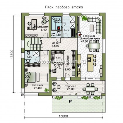 «Спектр» - проект двухэтажного дома, с двумя жилыми комнатами на 1-ом этаже и сауной, в стиле хай-тек - превью план дома