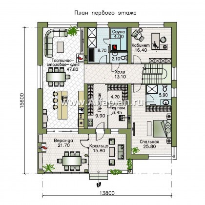 «Спектр» - проект современного двухэтажного дома, с двумя жилыми комнатами на 1-ом этаже и сауной - превью план дома