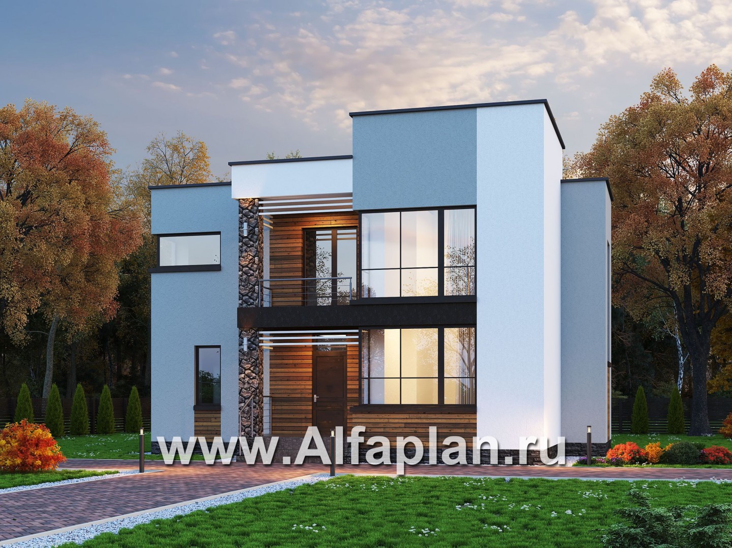 Проекты домов Альфаплан - «Престиж» - проект удобного и просторного дома с плоской кровлей - основное изображение
