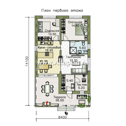 Проекты домов Альфаплан - «Родия» - одноэтажный коттедж с двускатной кровлей - превью плана проекта №1