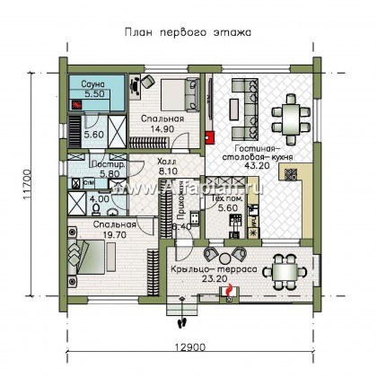 «Веда» - проект одноэтажного дома с сауной, с террасой, в стиле барн - превью план дома