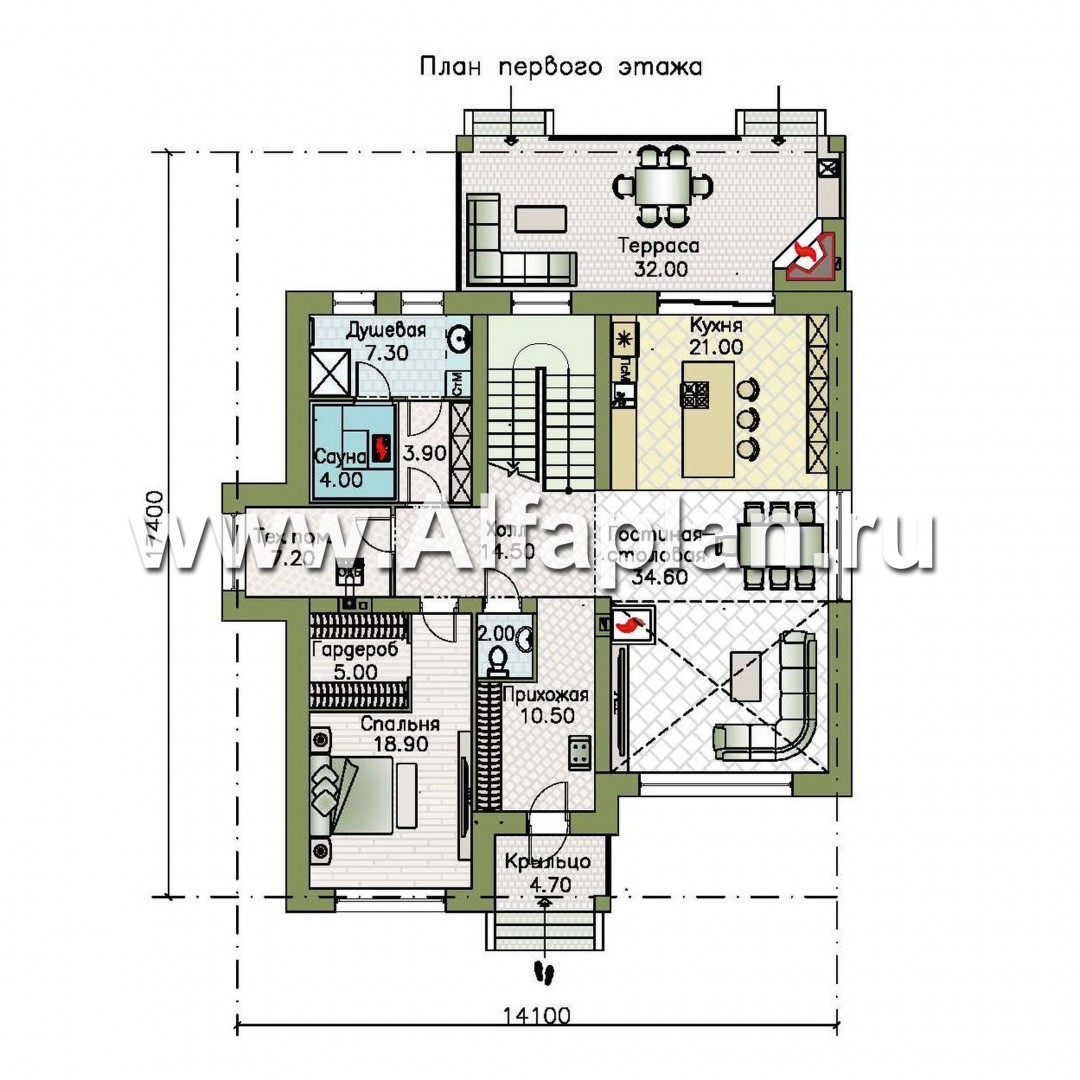 «Сафо» - проект двухэтажного дома, из кирпича, второй свет гостиной, с сауной и с террасой, американский стиль - план дома