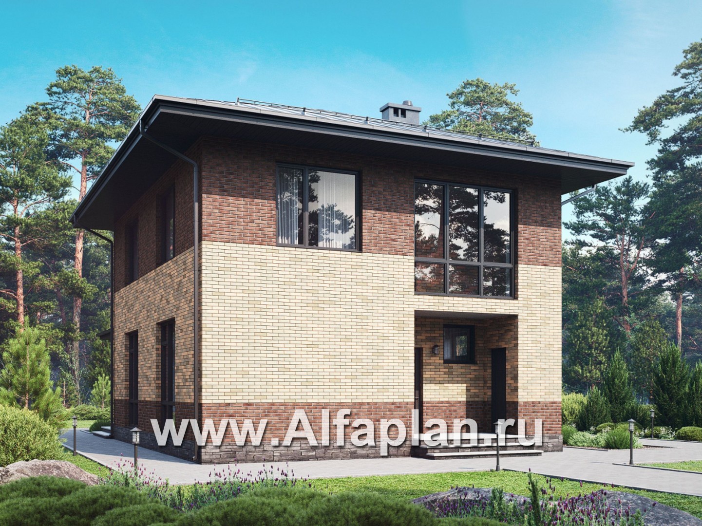 Проект двухэтажного дома, с кабинетом на 1 эт и с террасой, для маленького  участка, в современном стиле - основное изображение