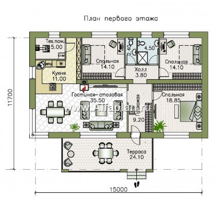 Проекты домов Альфаплан - Проект одноэтажного дома с тремя спальнями - превью плана проекта №1