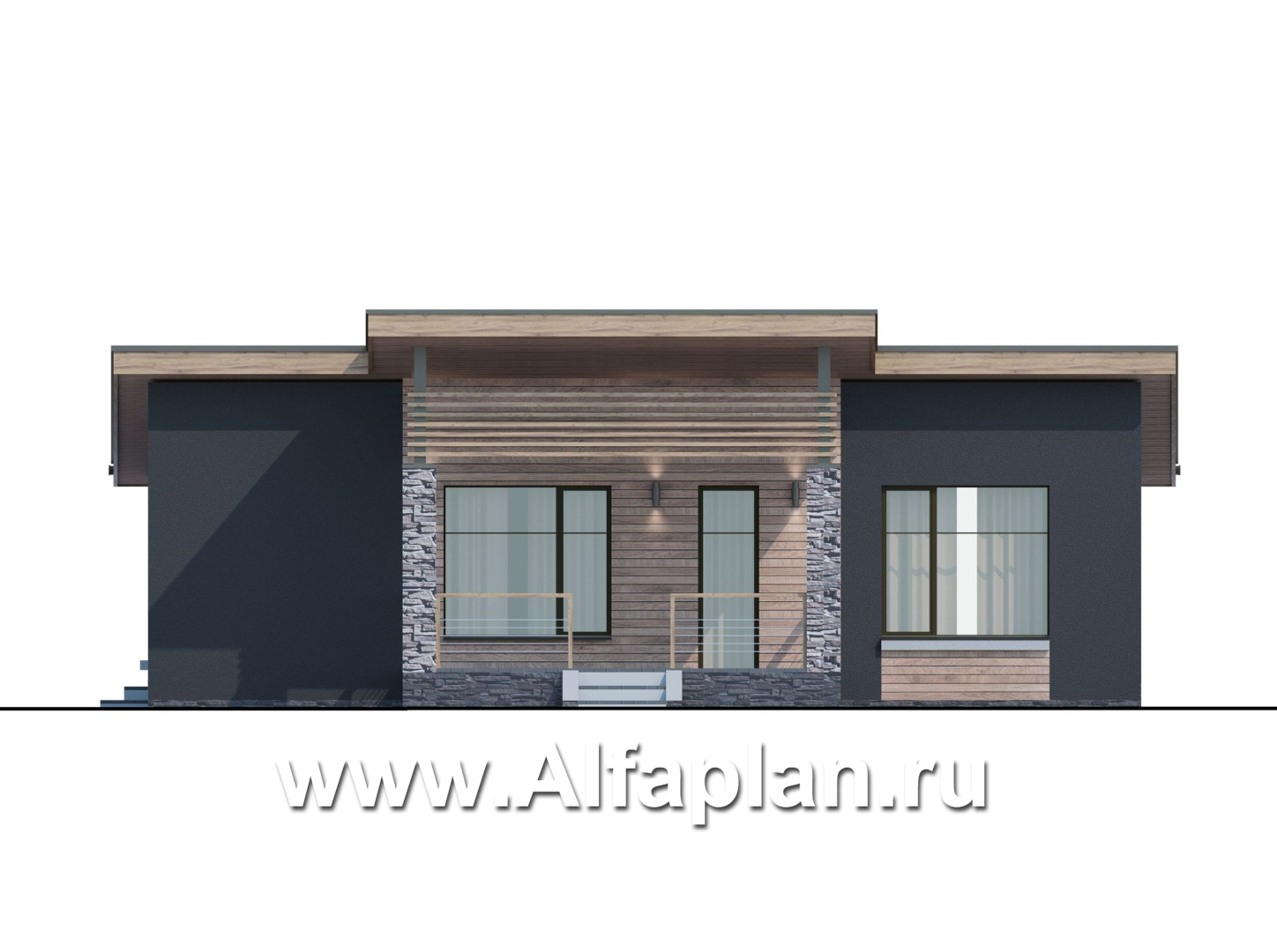 Проекты домов Альфаплан - «Корица» - одноэтажный дом с односкатной крышей, с двумя спальнями - изображение фасада №2