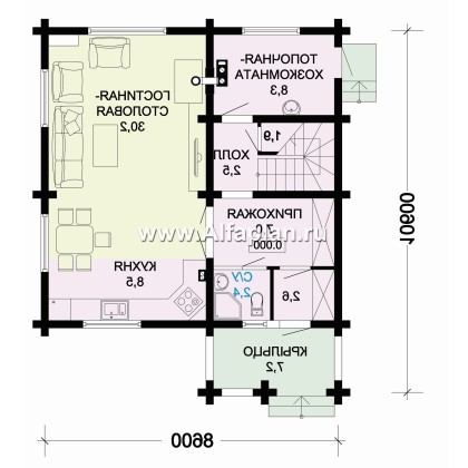 Проекты домов Альфаплан - Одноэтажный дом из бревен с мансардой - превью плана проекта №1