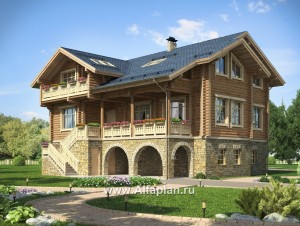 «Традиция» - проект дом с мансардой из бревен, на каменном цоколе,  для участков с рельефом